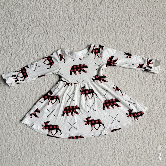 9.29 RTS NO MOQ（In stock）G3-8-6*;. Baby Girls Winter Dress Red and black plaid bear white long-sleeved skirt