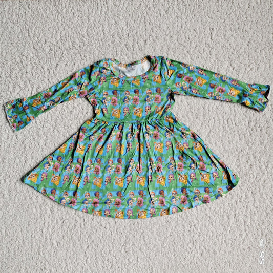 9.29 RTS NO MOQ（In stock）G3-8-6..'* Baby Girls Winter Dress Little girl blue-green long-sleeved dress