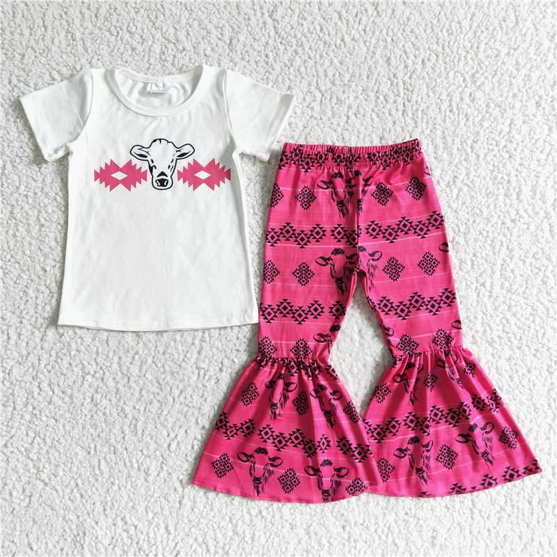 GSPO0049 White bull head short-sleeved pink flared pants suit