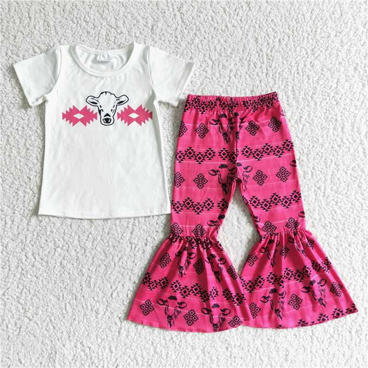 GSPO0049 White bull head short-sleeved pink flared pants suit
