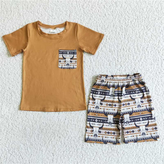 BSSO0073 Baby boys cow skull pocket western shorts sets
