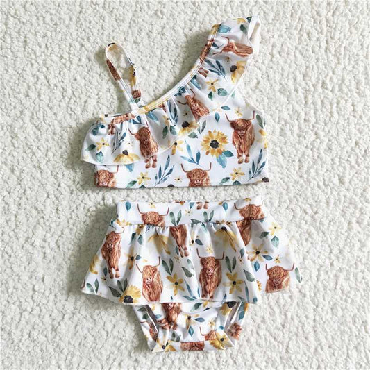 S0025  Baby Girls western cow sunflower swimsuits