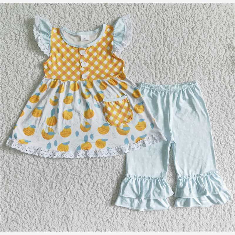 GSSO0092  Baby girls peach ruffle capris summer sets