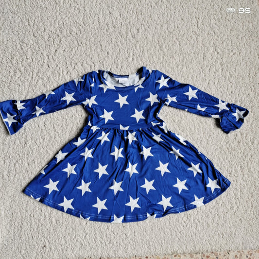 9.25 RTS NO MOQ（In stock）G3-12-2/.' Baby Girls Winter Dress Five-pointed star dark blue flared long-sleeved dress