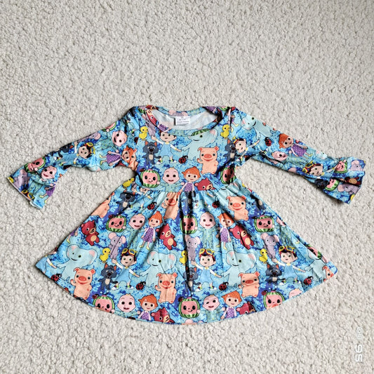9.25 RTS NO MOQ（In stock）G3-12-4;; Baby Girls Winter Dress Pig Pig Kid Mouse Blue Long Sleeve Dress