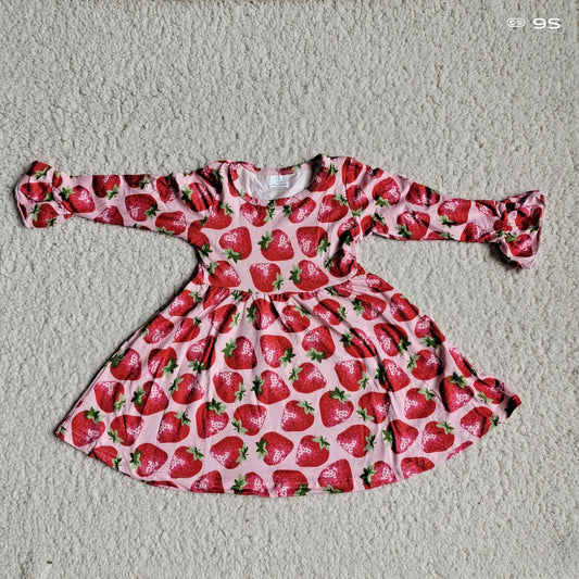 9.20 RTS NO MOQ（In stock）G3-12-4-* Baby Girls Winter Dress Strawberry pink long-sleeved dress