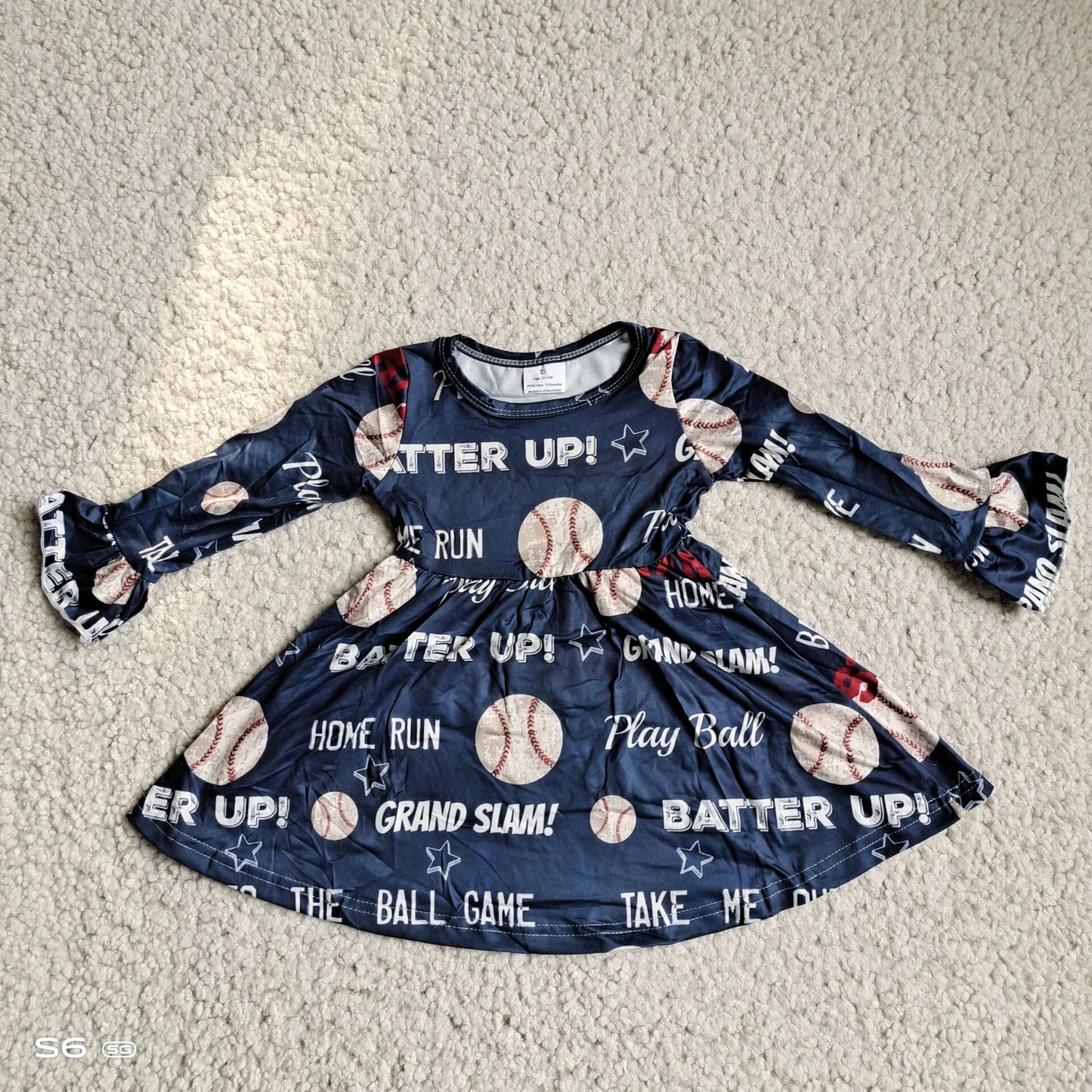 10.4 RTS NO MOQ（In stock）G3-12-4*-. Baby Girls Winter Dress Baseball lettering gray-blue long-sleeved dress