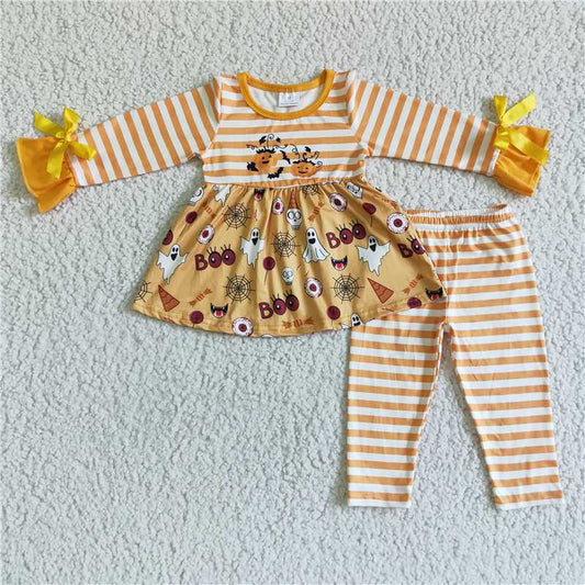 GLP0045Pumpkin tunic stripe pants trick or treat girls halloween set