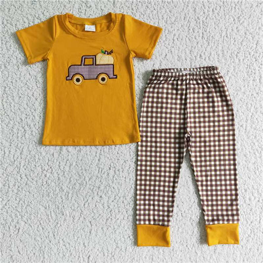 BSPO0007 Baby Boys pumpkin tractor embroidered pants sets