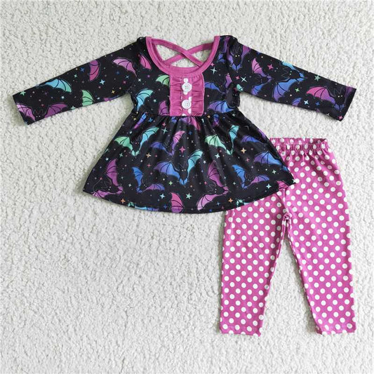 GLP0042Bat tunic polka dots leggings kids girls halloween set