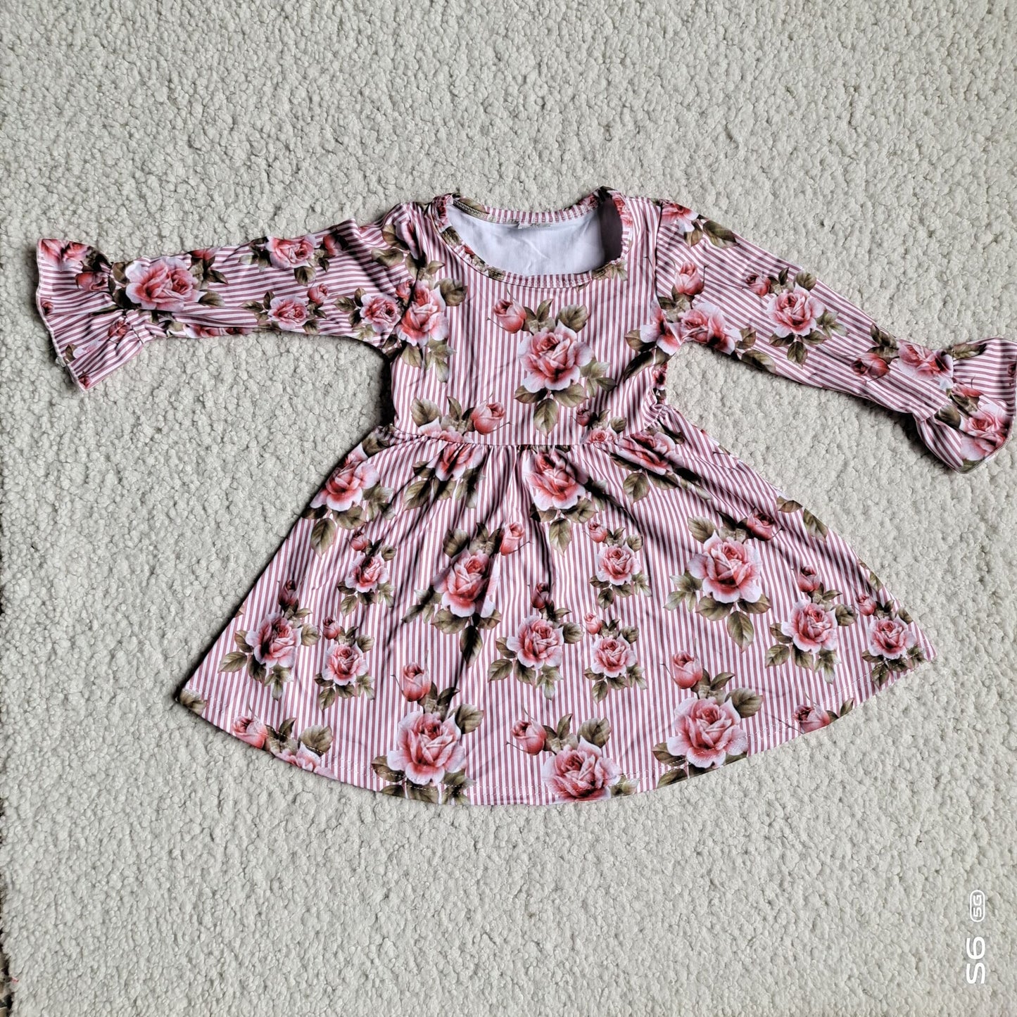 10.3 RTS NO MOQ（In stock）G3-12-6*. Baby Girls Winter Dress Nude pink rose leaf trumpet long sleeve dress