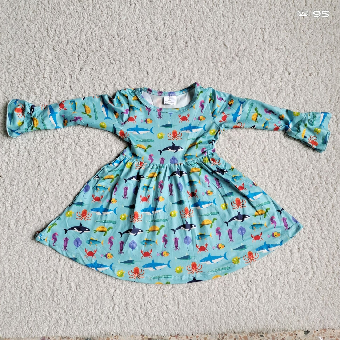 10.3 RTS NO MOQ（In stock）G3-12-6*.. Baby Girls Winter Dress Shark and crab green long-sleeved dress