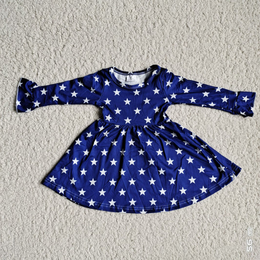 9.29 RTS NO MOQ（In stock）G3-12-6;* Baby Girls Winter Dress Five-pointed star purple and blue flared long-sleeved dress