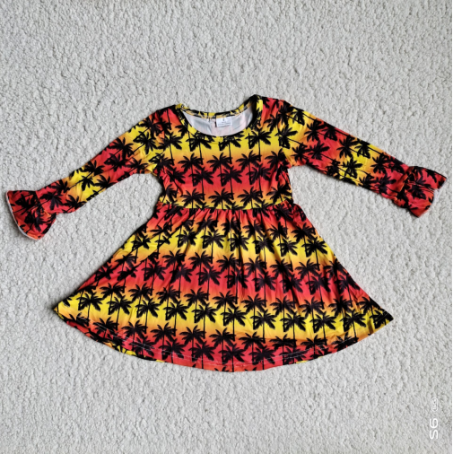 10.3 RTS NO MOQ（In stock）G3-12-5*.. Baby Girls Winter Dress Black Coconut Tree Sunset Long Sleeve Dress