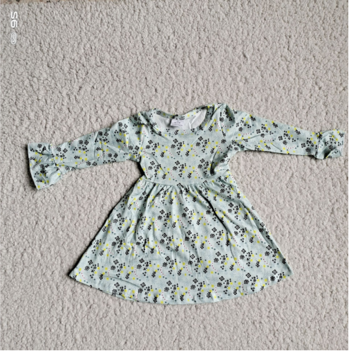 9.25 RTS NO MOQ（In stock）G3-12-5'.. Baby Girls Winter Dress Black and yellow small flower long-sleeved dress
