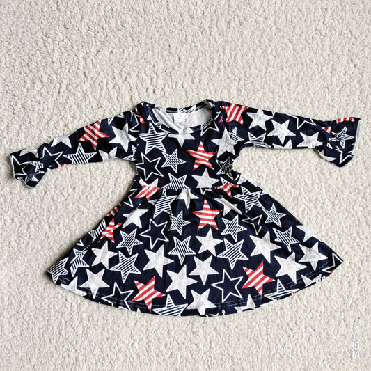 9.25 RTS NO MOQ（In stock）G4-12- Baby Girls Winter Dress Black long-sleeved dress with red and black stripes and five-pointed stars
