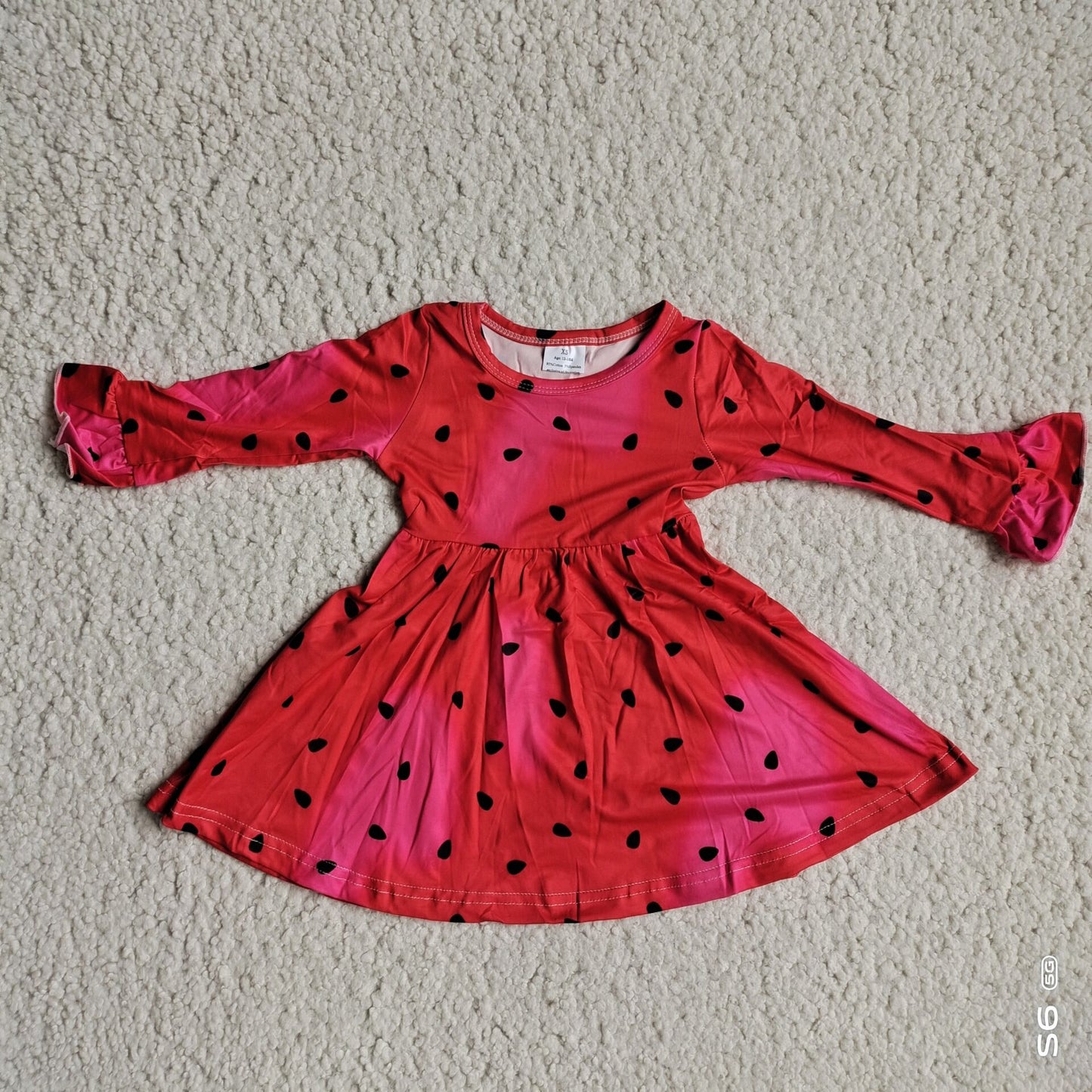 9.25 RTS NO MOQ（In stock）G4-12' Baby Girls Winter Dress Watermelon Seed Red Long Sleeve Dress