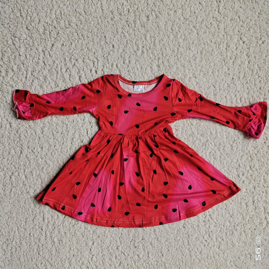 9.25 RTS NO MOQ（In stock）G4-12' Baby Girls Winter Dress Watermelon Seed Red Long Sleeve Dress