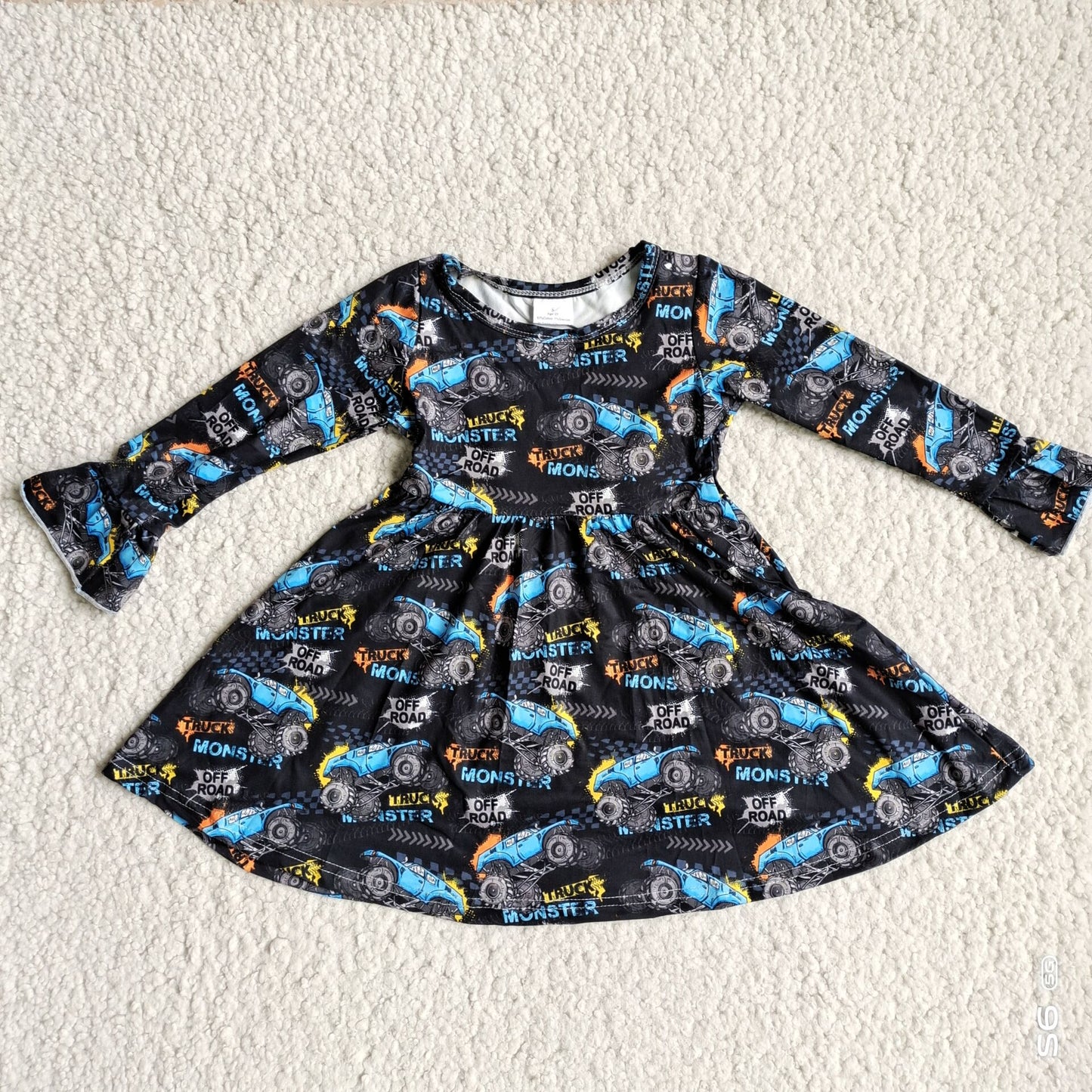 10.3 RTS NO MOQ（In stock）G4-12, Baby Girls Winter Dress Black long-sleeved dress with blue and yellow lettering