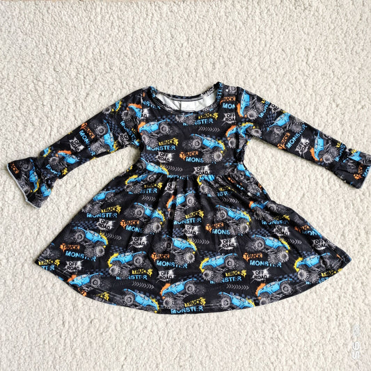 10.3 RTS NO MOQ（In stock）G4-12, Baby Girls Winter Dress Black long-sleeved dress with blue and yellow lettering