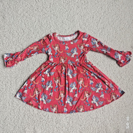 10.3 RTS NO MOQ（In stock）G4-12., Baby Girls Winter Dress Mermaid Horse Red Long Sleeve Dress