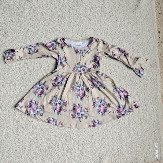 10.3 RTS NO MOQ（In stock）G4-12-= Baby Girls Winter Dress Purple floral gray-yellow long-sleeved dress