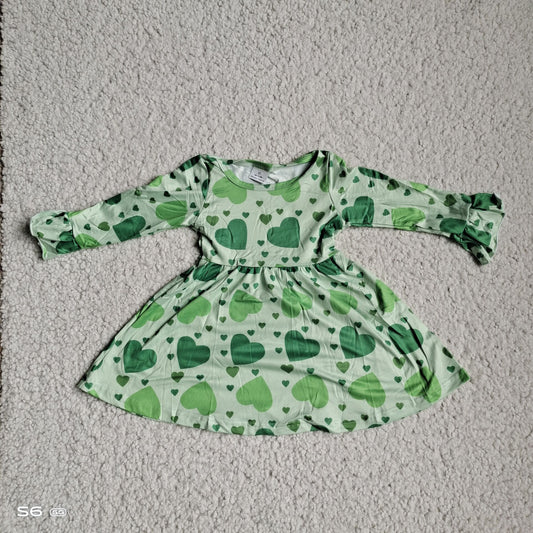 10.3 RTS NO MOQ（In stock）G4-12-1 Baby Girls Winter Dress Green heart long sleeve dress