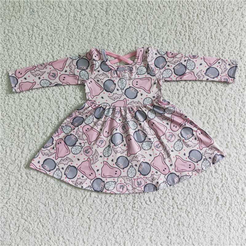 GLD0027 Baby girls Halloween ghost pink long sleeve dresses