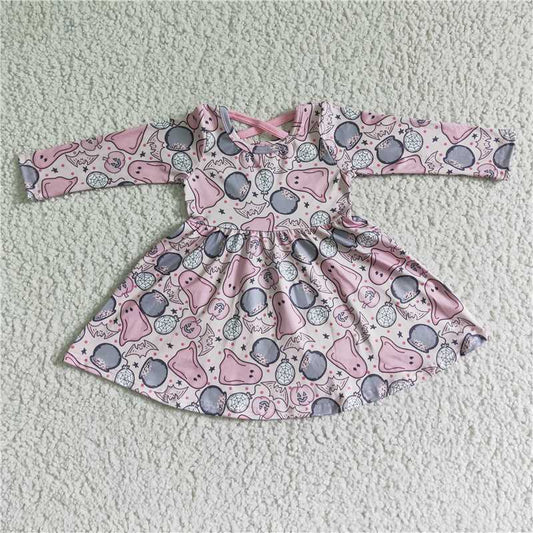 GLD0027 Baby girls Halloween ghost pink long sleeve dresses