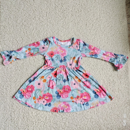 10.1 RTS NO MOQ（In stock）G3-20,* Baby Girls Winter Dress Rose pink flower gray green long-sleeved dress