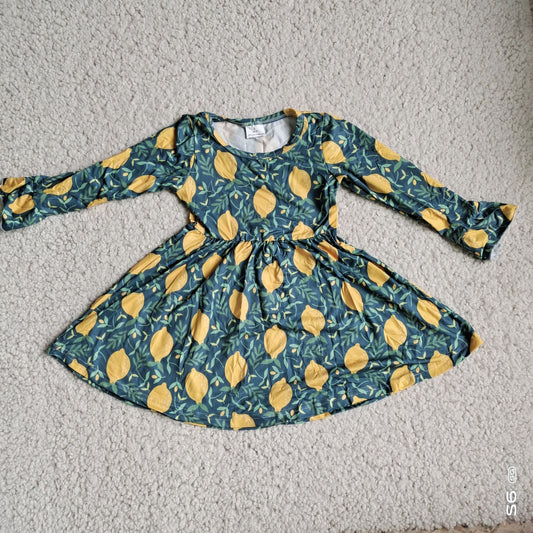 10.1 RTS NO MOQ（In stock）G3-20.,* Baby Girls Winter Dress Lemon dark green long-sleeved dress
