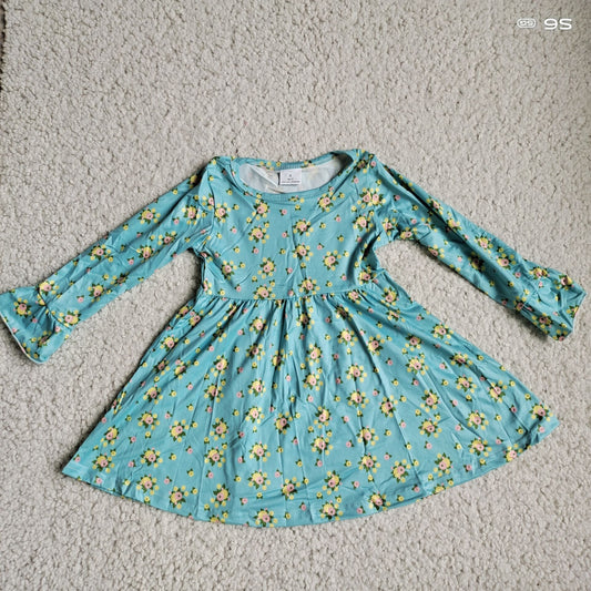 10.1 RTS NO MOQ（In stock）G3-20;* Baby Girls Winter Dress Green long-sleeved dress with yellow and pink flowers