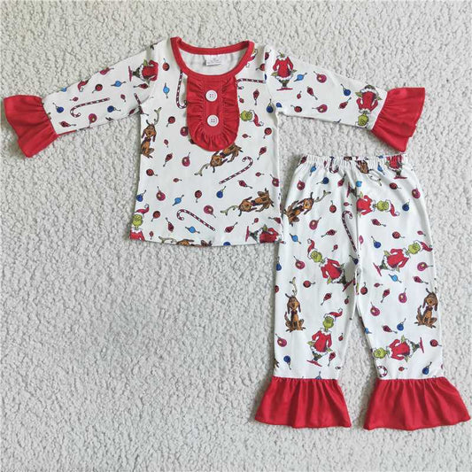12.12 RTS NO MOQ （In stock）GLP0087 Christmas baby girls grin cartoon ruffle holiday pajamas