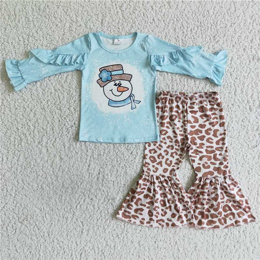 GLP0093Light blue snowman shirt leopard pants girls Christmas outfits