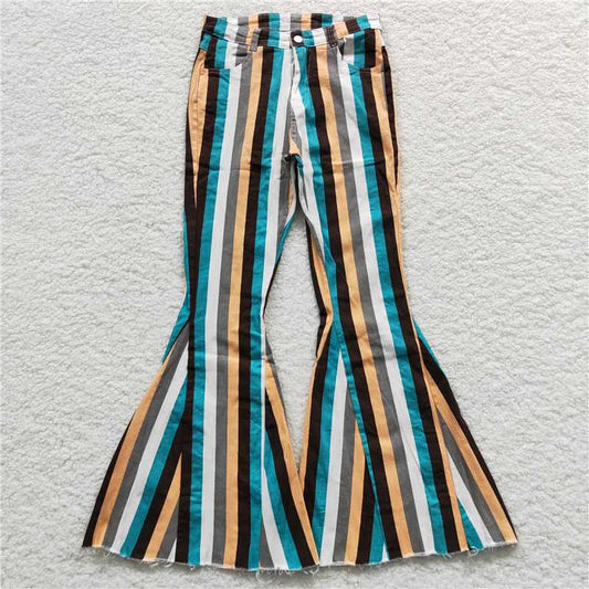 P0009  Mommy and Me Adult Baby Girls Green Grey Stripes Denim Bell Flare Pants Jeans