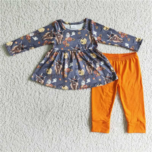 GLP0112Highland cow pumpkin ghost tunic leggings kids girls Halloween set