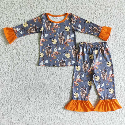 GLP0111Highland cow pumpkin girls Halloween pajamas