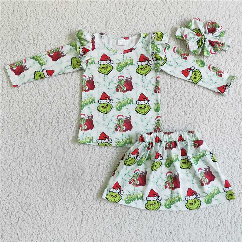 GLD0081 grinch green long-sleeved skirt suit