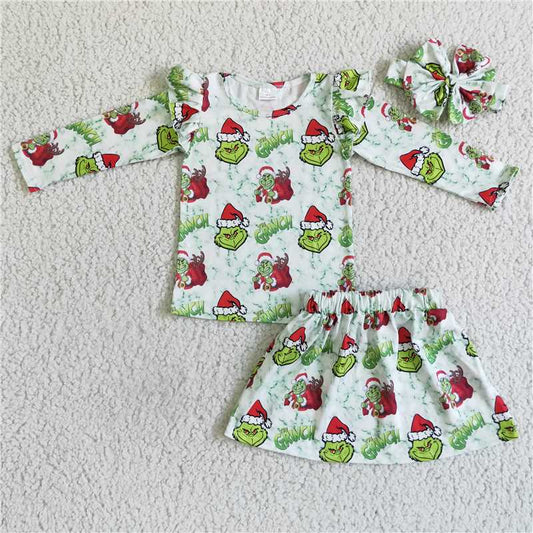 GLD0081 grinch green long-sleeved skirt suit