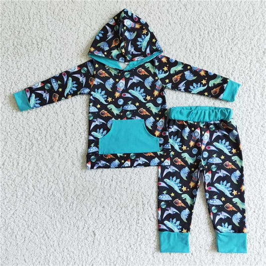 BLP0055 Boys dinosaur pocket hooded long-sleeved trousers suit