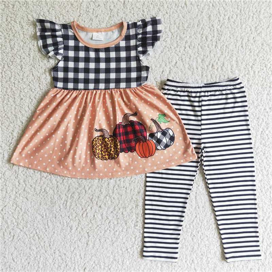 GSPO0170 Autumn Pumpkin Plaid Flying Sleeve Pants Set