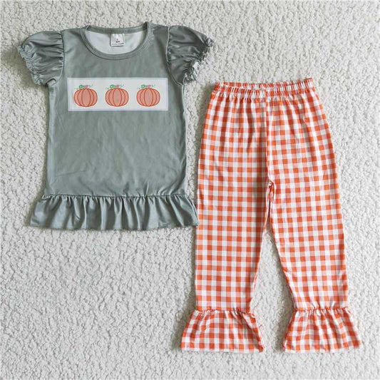 GSPO0175 Girls autumn pumpkin short-sleeved plaid trousers suit