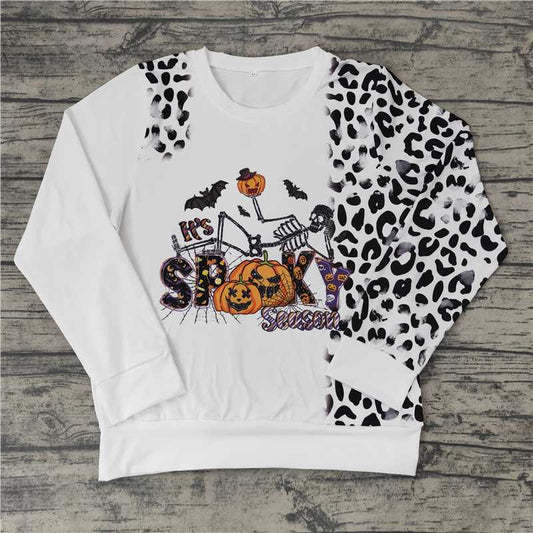 BT0064  Adult Women Halloween pumpkin leopard spooky season shirts tops