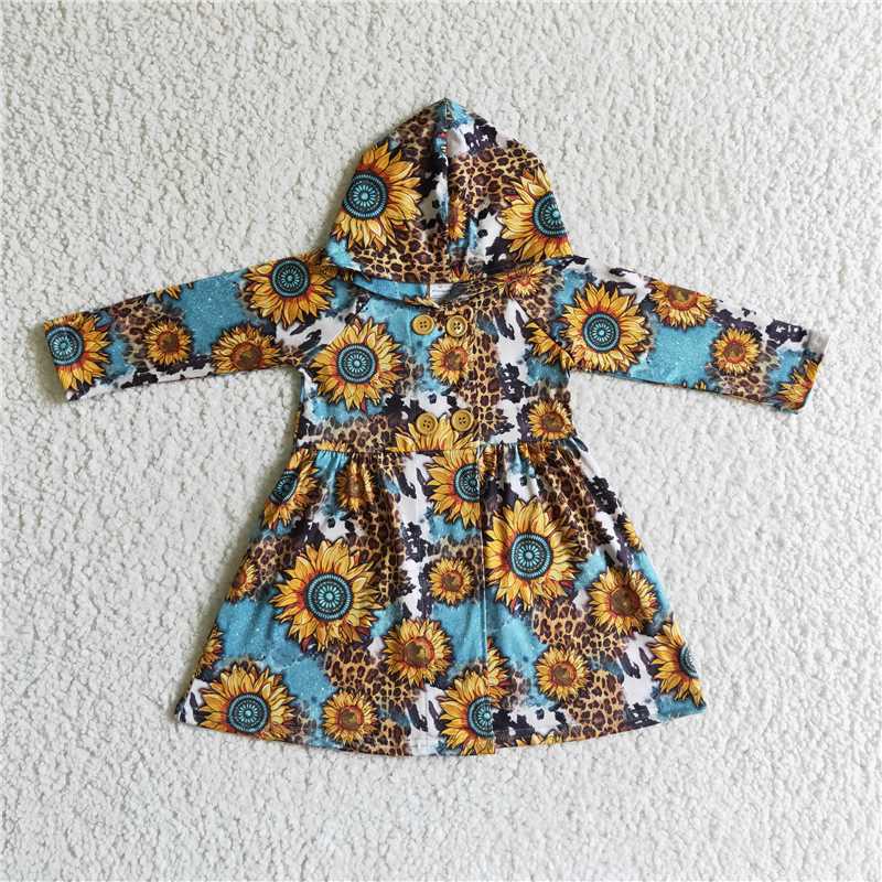 GT0028 Baby girls hooded sunflower west long sleeve dresses