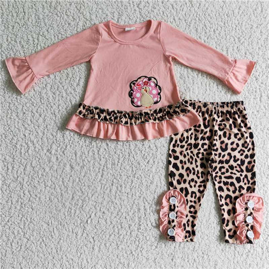 GLP0172Pink turkey embroidery leopard leggings baby girls Thanksgiving outfits