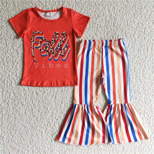 GSPO0186 Girls Fall orange short-sleeved striped trouser suit