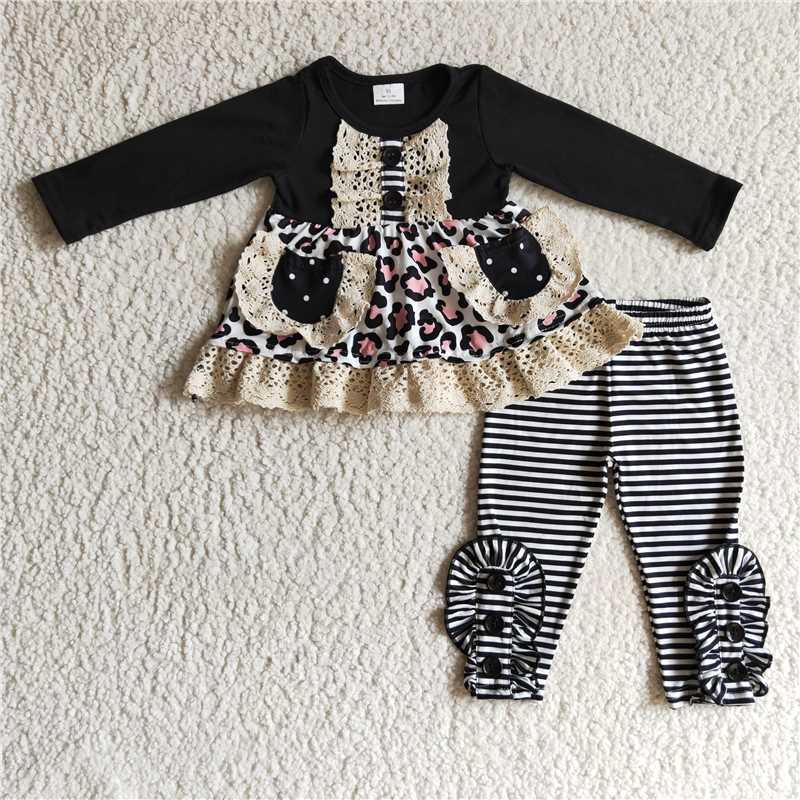GLP0232Black leopard pocket tunic stripe leggings kids fall clothes