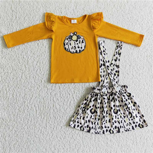 GLD0008Cotton pumpkin shirt leopard suspender skirt girls fall clothes