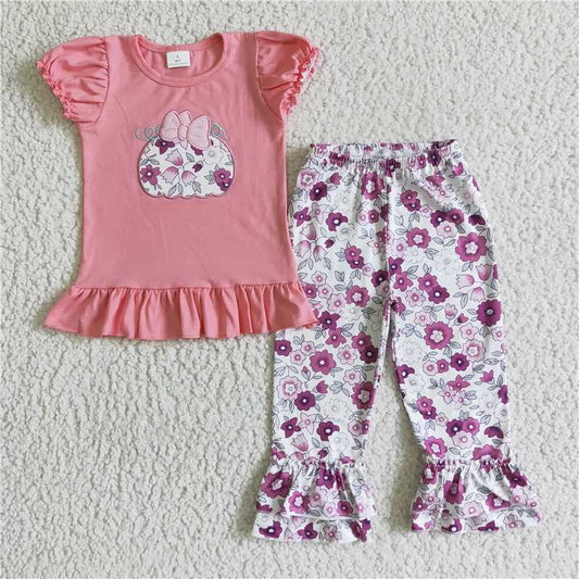 GSPO0191 Girls Embroidered Pumpkin Flower Bow Short Sleeve Pants Set