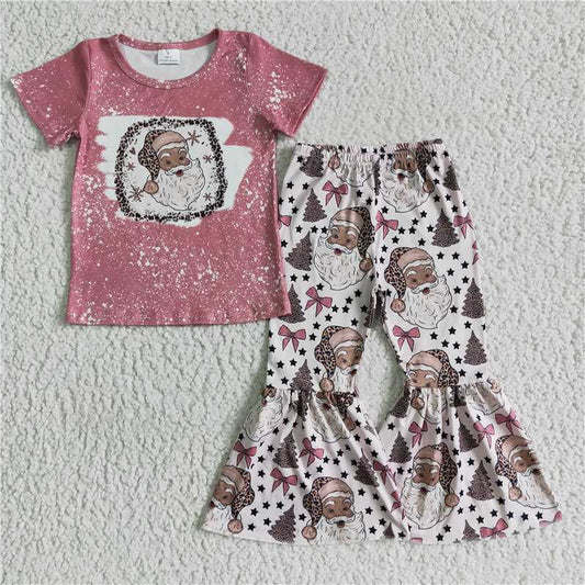 11.14 RTS NO MOQ （In stock）GSPO0180 Baby Girls Christmas pink santa bell pants sets